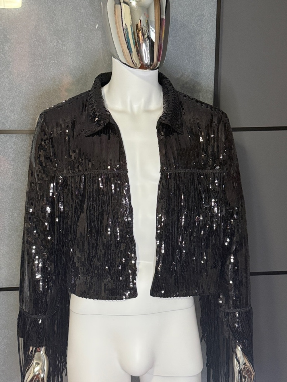 Black Sequin Fringe Cropped Blazer